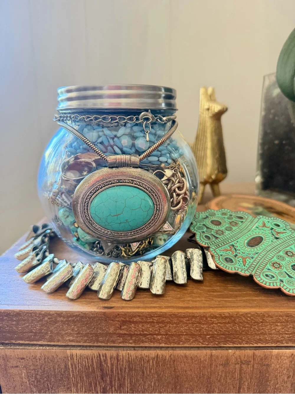 Southwestern/cowgirl/stand out in Turquoise and silver toned mystery jewelry jar